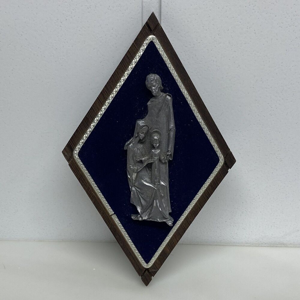 Blessed Family PELTRO Italy Pewter Wall Plaque Velvet Wood Religious- AS IS